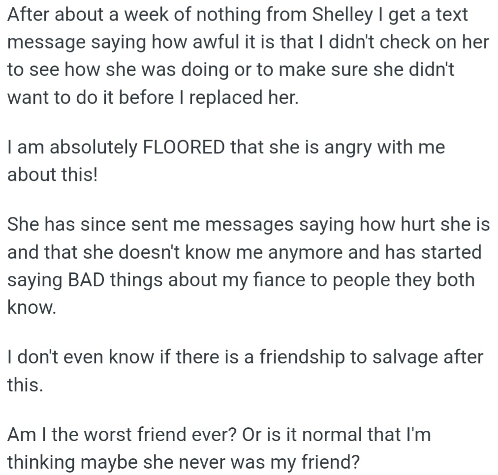 Shelley dropped out of OP's wedding party, then got mad when OP replaced her without checking in; now she's trashing OP's fiancé.