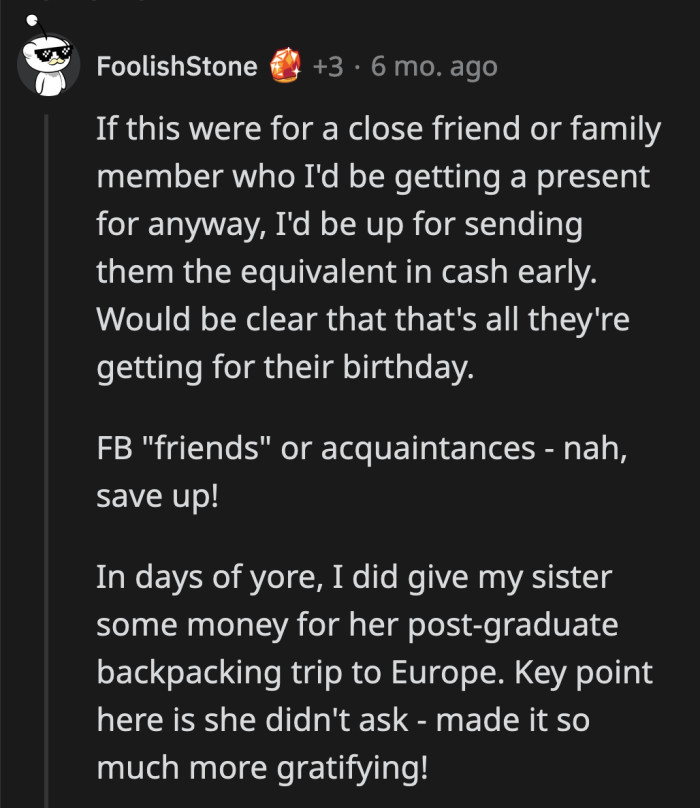 I can understand, up to a point, asking relatives for cash gifts since it's your birthday... but publicly asking Facebook strangers is beyond the pale