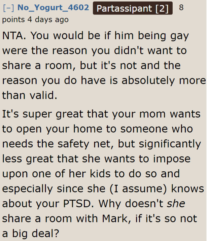 The mom needs to educate herself on PTSD too.
