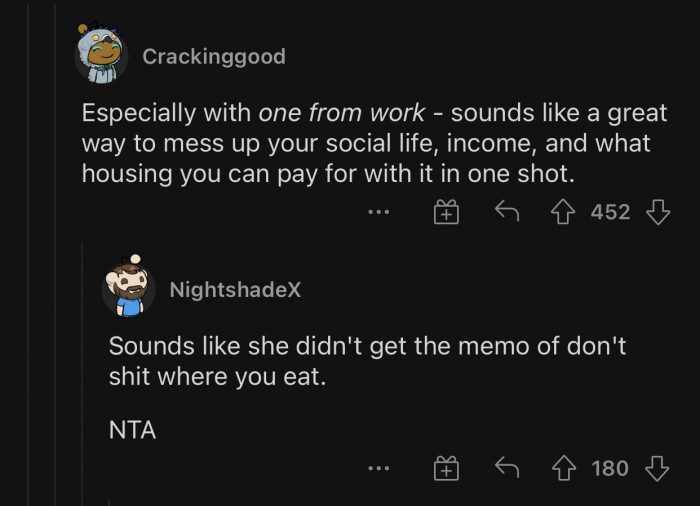 If they break up, going to work will be awkward AF.