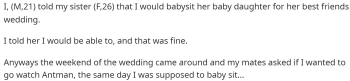 OP starts off by explaining the situation of him offering to babysit for his sister while she went to a friend's wedding.