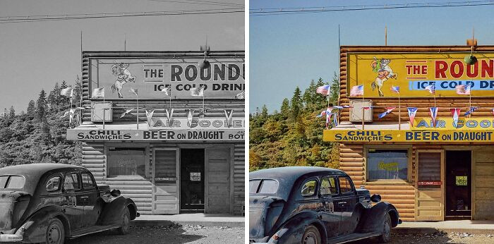 November 1940. « Restaurant and beer hall in Summit City, California, a boom town near Shasta Dam. » Photographed by Russell Lee.
