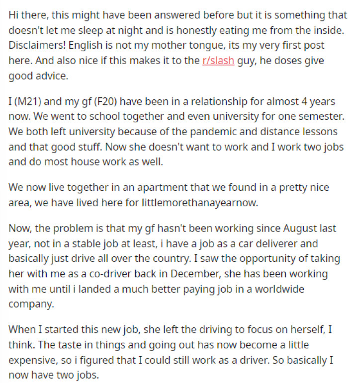 OP gave lots of info here throughout his post and explained his jobs, her jobs, and what exactly they're both doing right now.