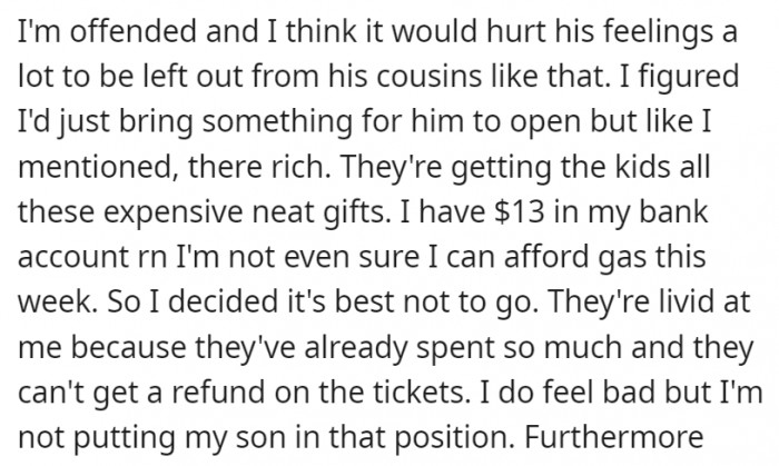 OP wanted to buy her son a gift, but knowing that whatever she buys won't compare to what her dad would buy led her to decide not to go altogether.