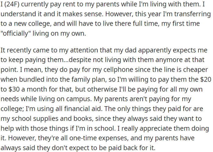 OP pays rent to her parents while living at home, but her dad expects her to continue paying even after she moves to college