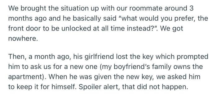 OP and her boyfriend brought up the issue about his girlfriend with their roommate, but the conversation was fruitless