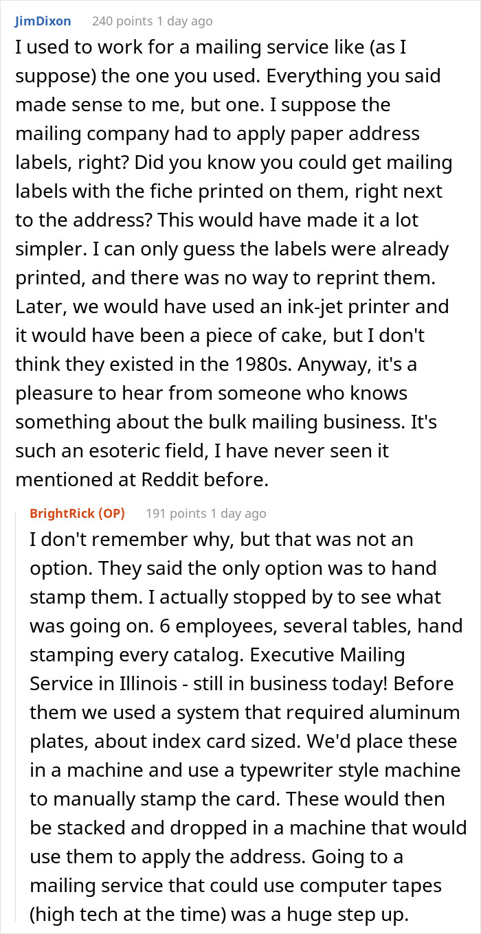 People who used to work in the mailing business pre-Internet era also chimed in.