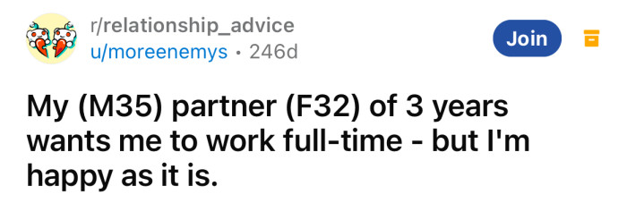 Redditor asked for advice because his partner wants him to work full-time.