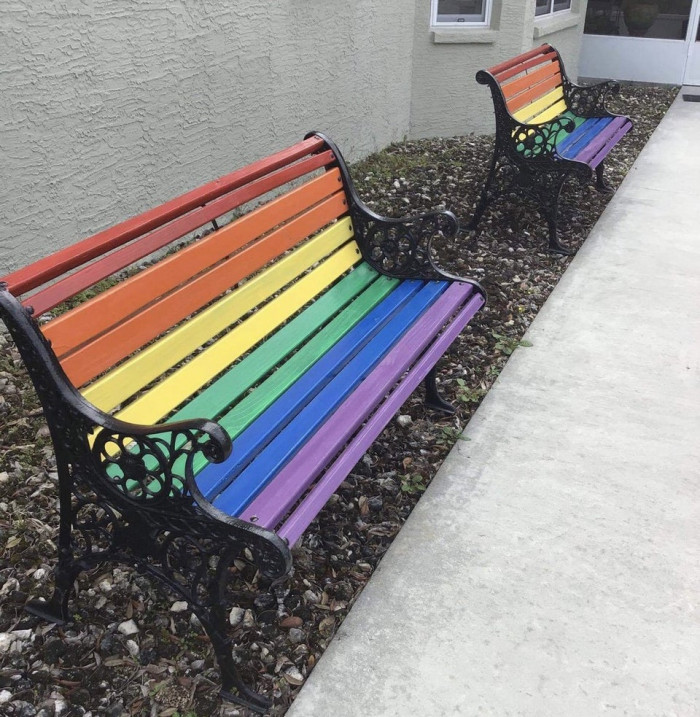 5. My grandma is 83 and lives in rural Florida, where she is surrounded by anti-gay right-wingers. She just had her two front benches repainted in support of her three LGBTQ grandchildren (me and two cousins).