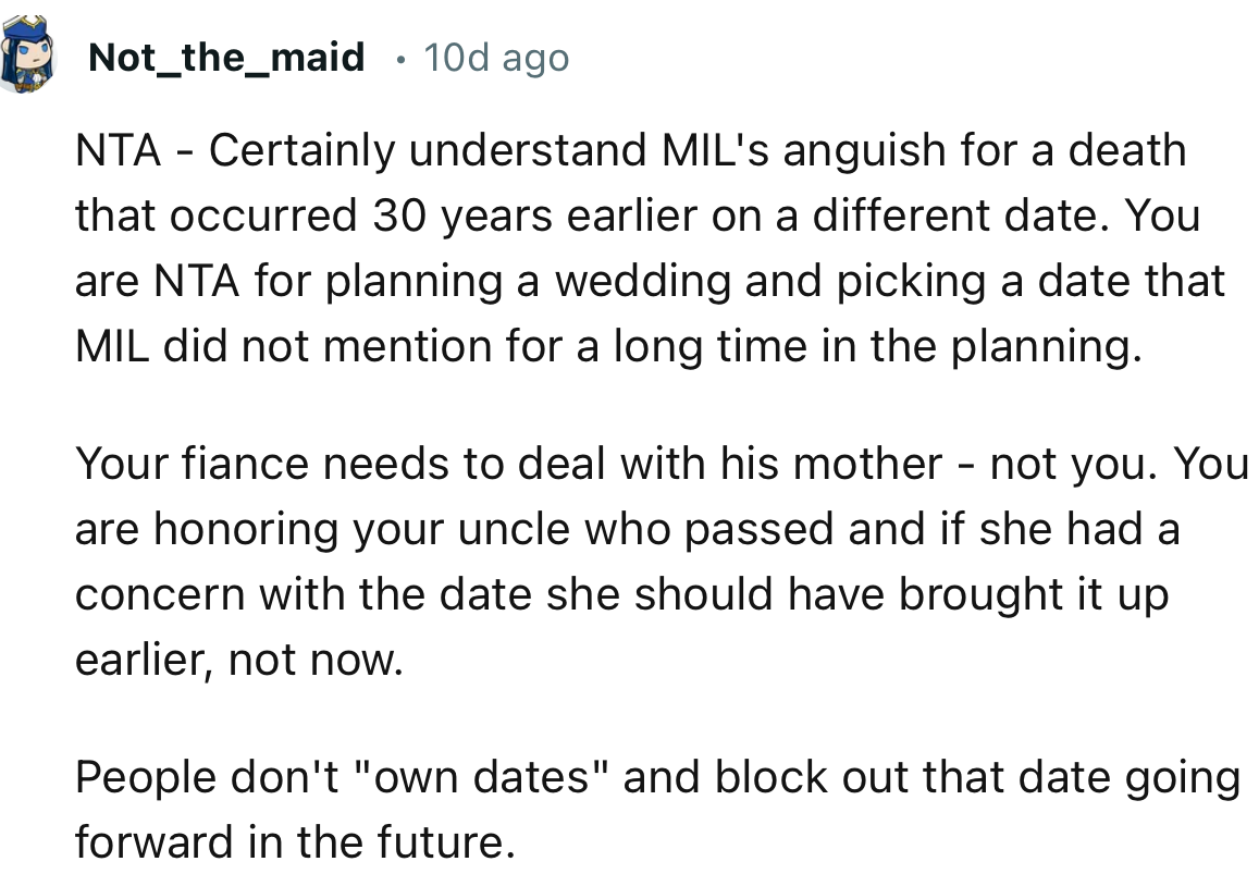 “NTA. People don't ‘own dates’ and block out that date going forward in the future.”