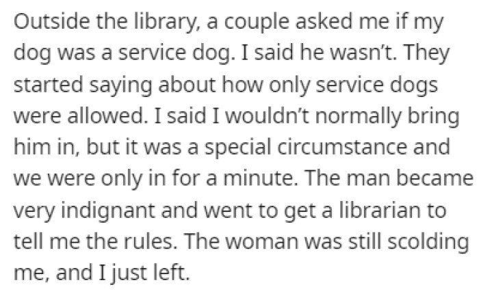 After leaving the library, OP was confronted by a couple who started scolding them