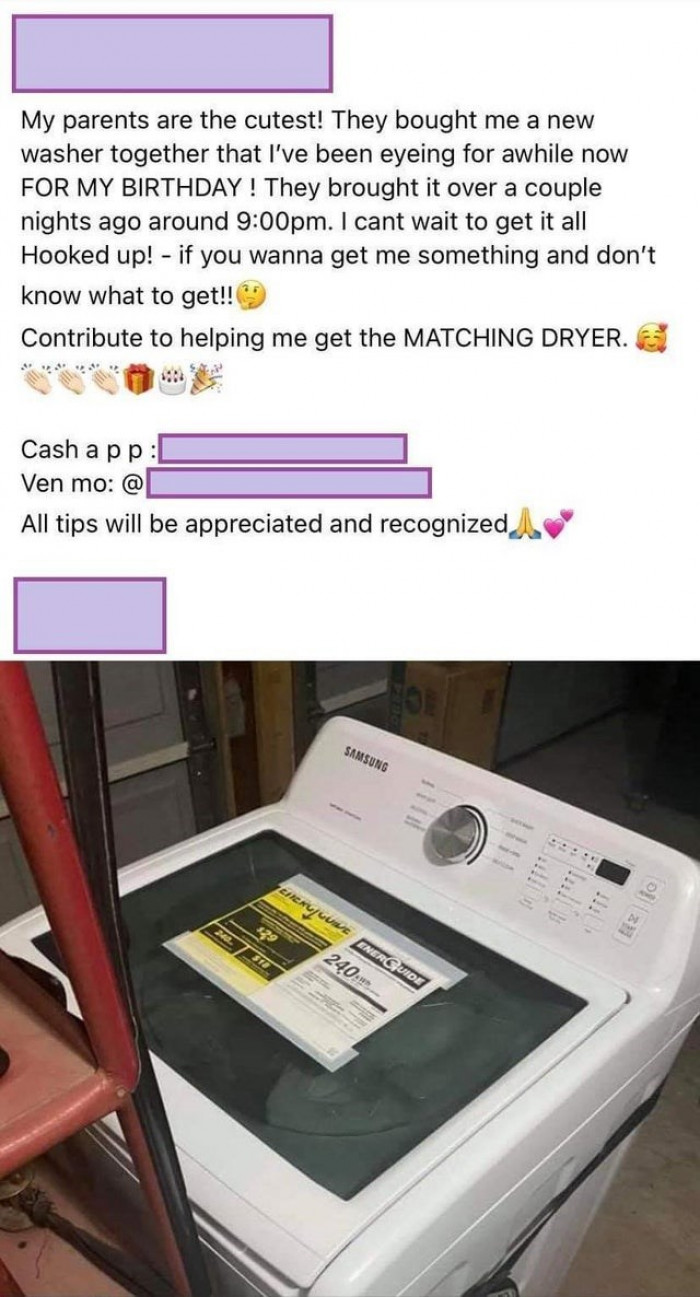 8. She wants people to contribute money for her dryer.