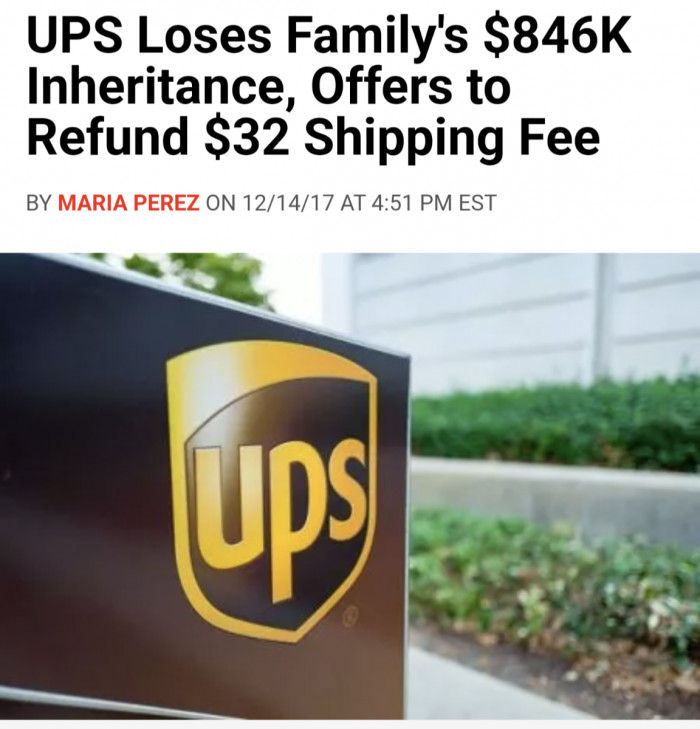 UPS Loses Family's $846K Inheritance, Offers to Refund $32 Shipping Fee