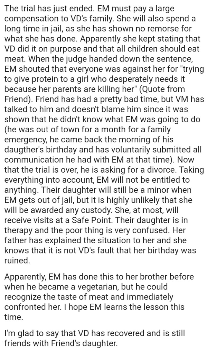 EM said she was giving protein to a girl who desperately needed it because her parents are killing her.