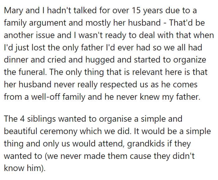 OP and her sister Mary hadn't spoken in 15 years.