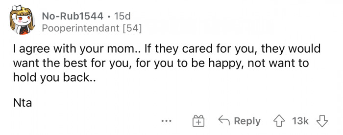 They should want the best for her, but also, it's difficult to watch a friend or partner leave.