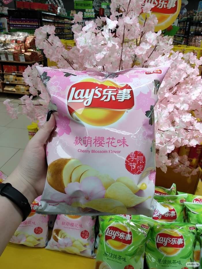 13. Cherry Blossom-flavored and Matcha-flavored potato chips