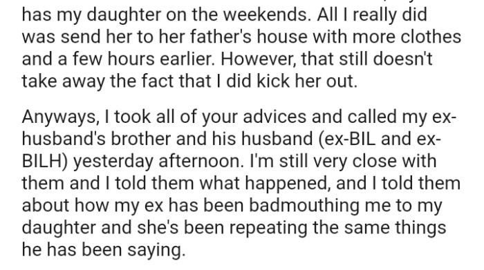 The OP is still very close with her ex's siblings