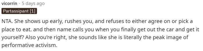 This is another comment saying that she's NTA because her friend is the one who showed up early and unannounced.