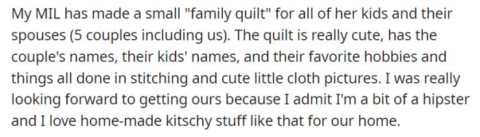 OP's mother-in-law lovingly creates personalized family quilts for her children and their spouses, capturing their unique interests and names.