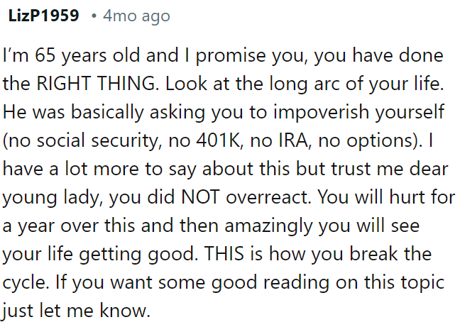 OP did the right thing by prioritizing her financial security over the relationship.