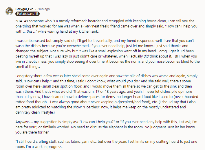 NTA. This honestly sounds like a health hazard, and I'm kind of surprised your friend hasn't gotten sick yet if she's constantly breathing the fumes from the cat poop and eating food that's possibly rotten or contaminated.