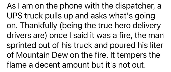 The delivery driver's first attempt to put the fire out did not succeed.