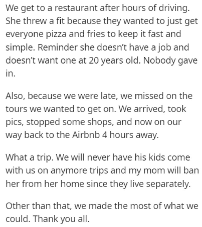 Jessica Threw a Fit Because the Family Wanted to Eat Pizza and Fries