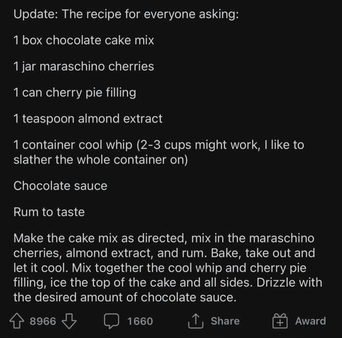 OP modified the post to include his cherry cake recipe.