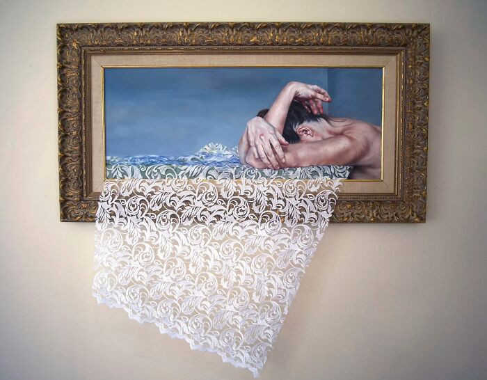 "Oil on canvas with applied fabric."