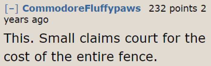 A user suggests going to small claims, so the neighbors will be compelled to cover the expenses for the fence.