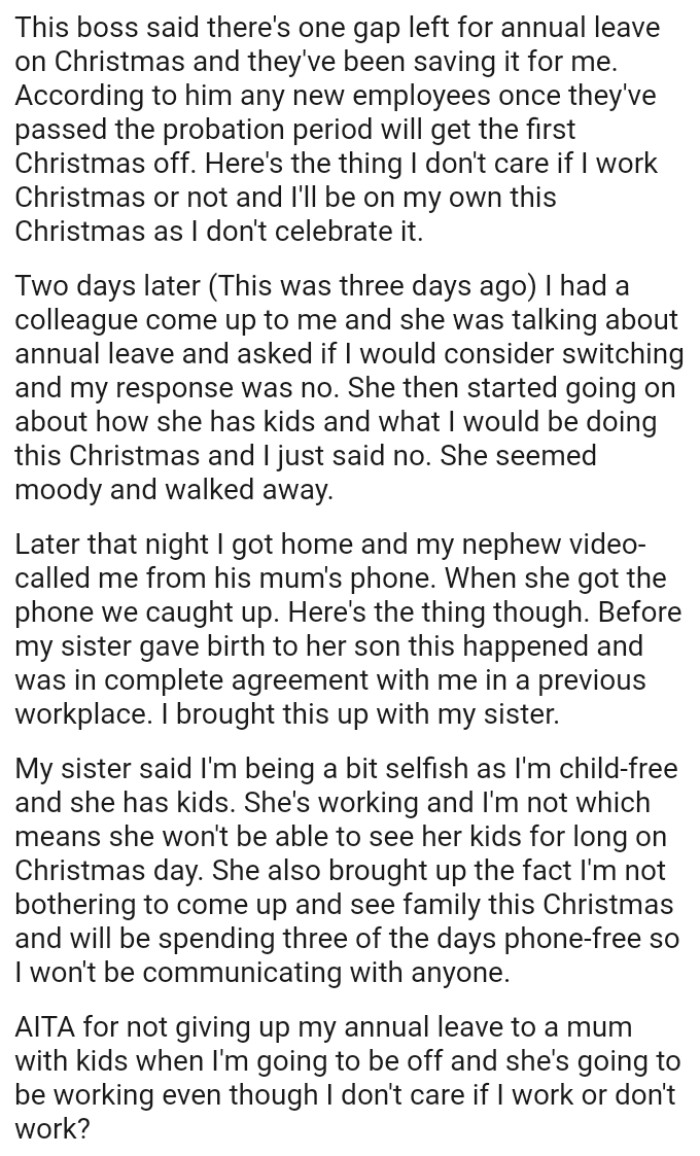 OP doesn't care if she works Christmas or not and she'll be on her own that Christmas because she doesn't celebrate it
