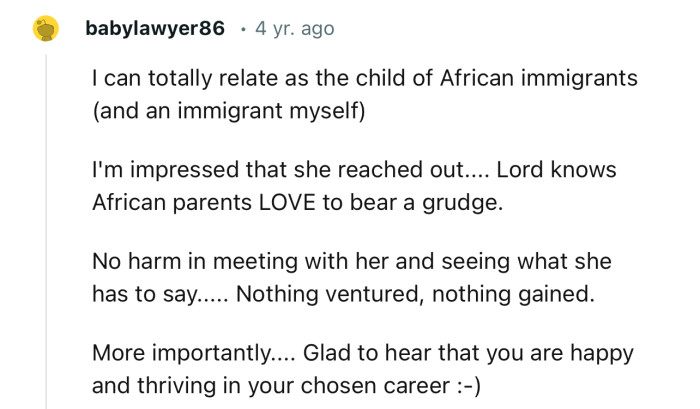 “No harm in meeting with her and seeing what she has to say... Nothing ventured, nothing gained.”