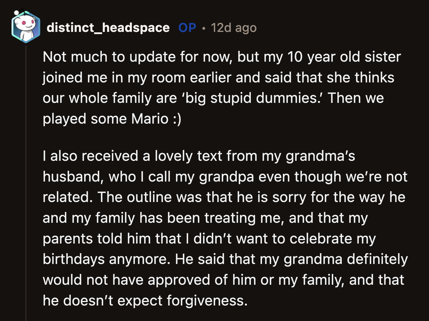 OP found an ally in his younger sister, who called their relatives 