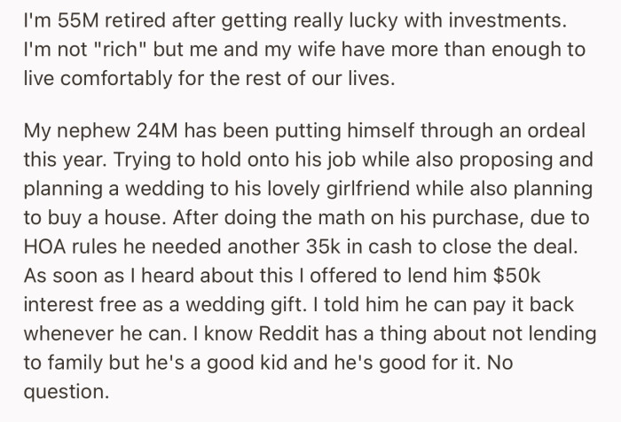 OP gave his nephew an interest-free loan of $50k as a wedding gift and told him to pay whenever he can