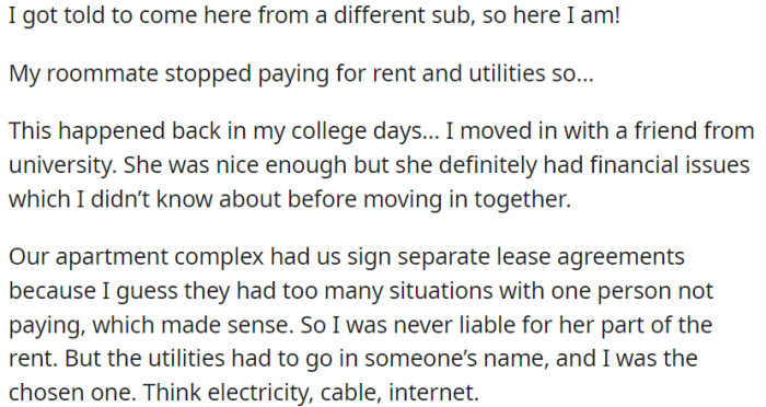 OP shared a living space with a friend from university, but she didn't know that her friend was experiencing financial difficulties.