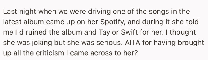 Now she’s accusing OP of ruining the entire album for her