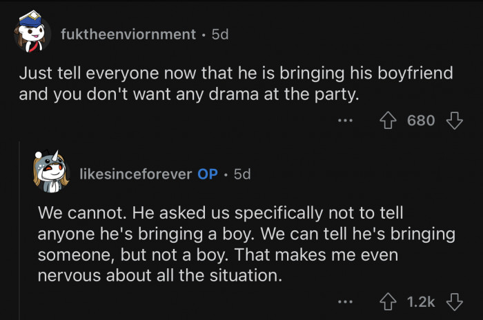 The cousin insisted on not mentioning it beforehand.