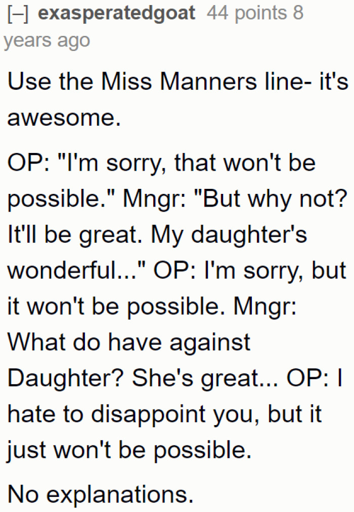 Users Begin Suggesting Some Lines for Her to Use with Her Manager.