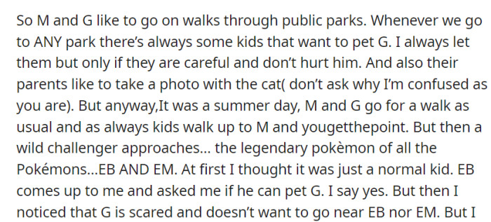 While on their typical summer park walk with G the cat, M usually lets kids pet him. But when an entitled child, EB, and their parent, EM, approached, G unexpectedly became frightened, leaving M with an unusual challenge.
