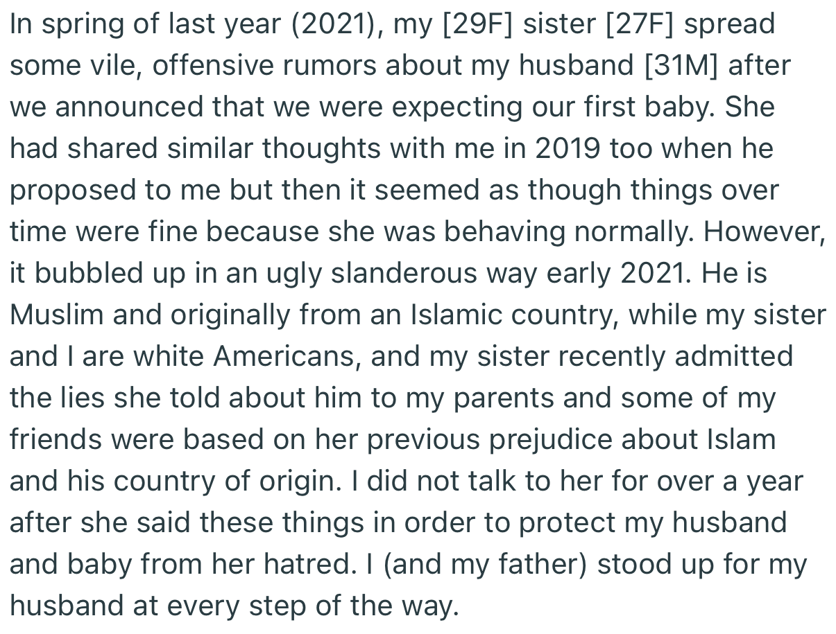 OP’s Muslim husband was subject to some vile attacks from her sister due to the man’s religion and country of origin