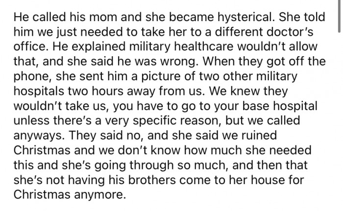 Well, when they called to let OP's MIL know that they wouldn't be able to visit for Christmas after all, she became hysterical!