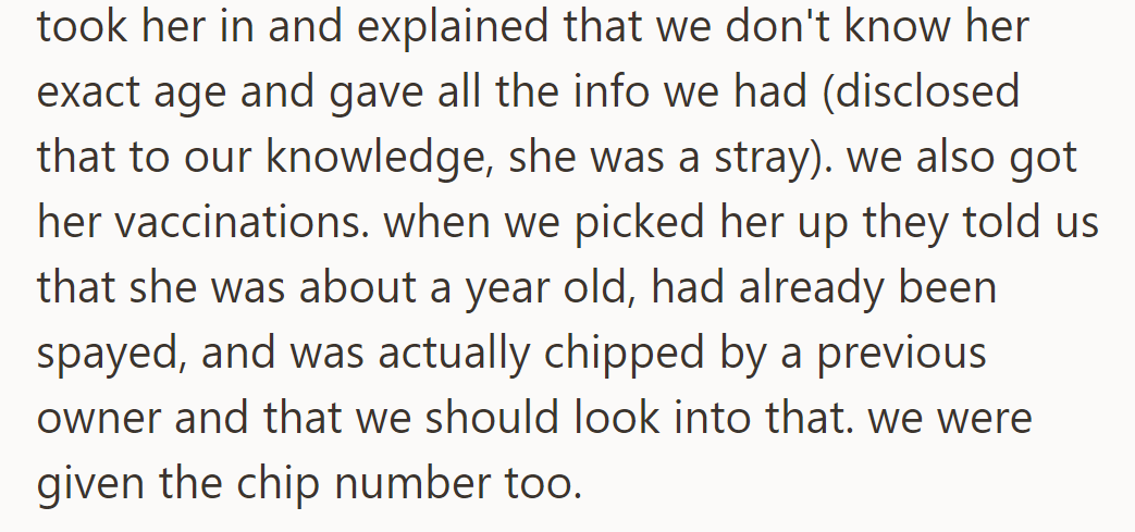They took her in, got her vaccinated, and discovered she was already spayed and chipped by a previous owner.