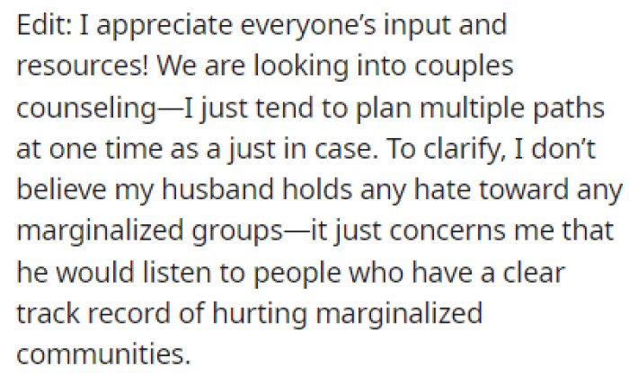 OP and her husband decided to try couple counseling