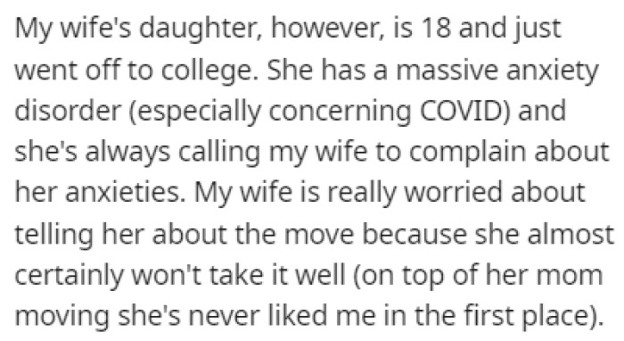 The wife's daughter is 18 years old and she recently went off to college