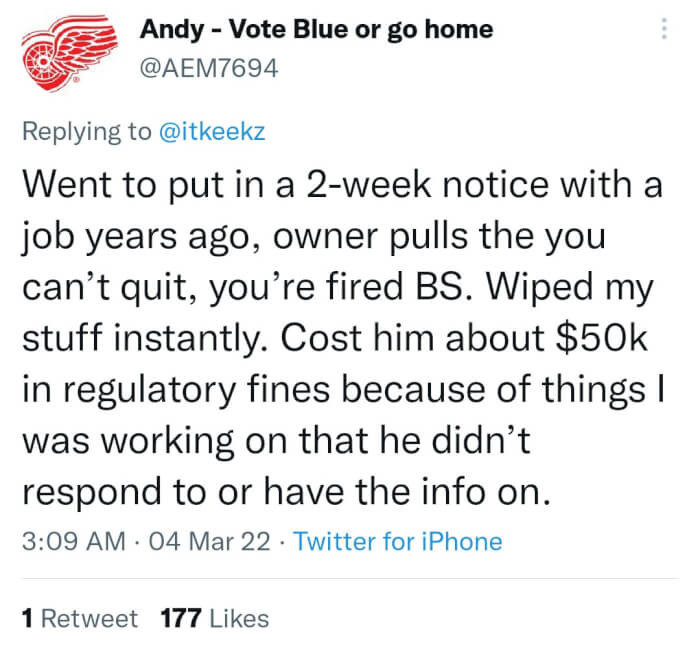 20. Discharging an employee results in $50,000 worth of regulatory fines for this boss.