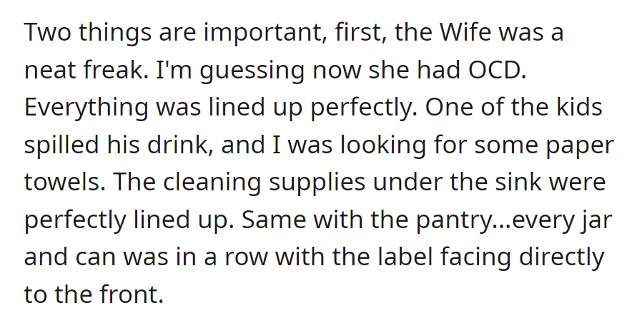 Notable points: The wife, likely with OCD, was a neat freak—cleaning supplies and pantry items perfectly arranged, everything in meticulous order.