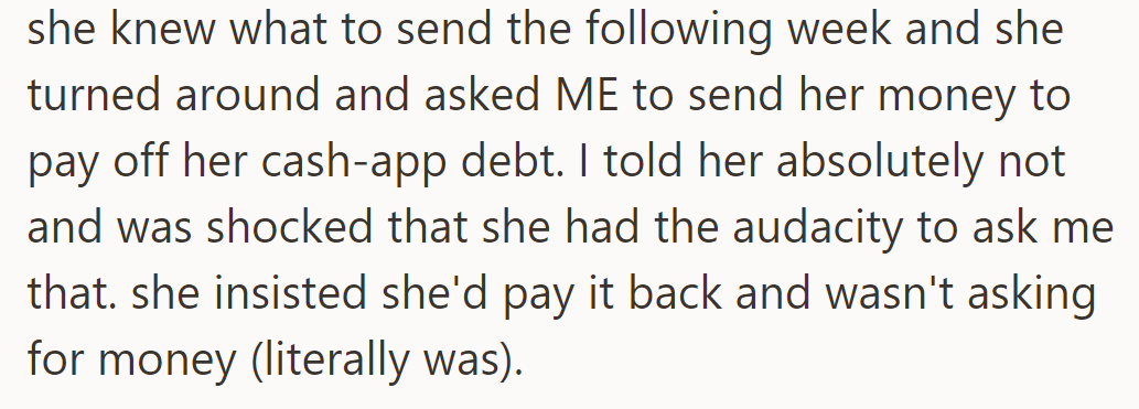 She asked for the total amount but then requested money for her Cash App debt, which they refused.