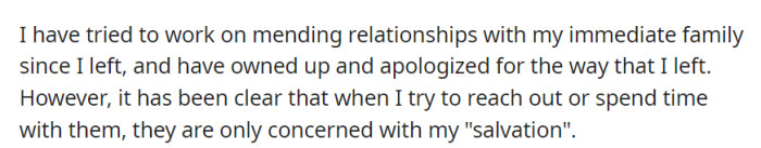 Despite her efforts to reconcile and apologize for leaving, her family remains solely concerned with her 