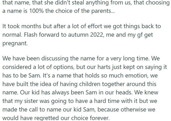 Despite anticipating that OP's sister would struggle with their choice of the name, they made the decision to name their child Sam to avoid lifelong regret.
